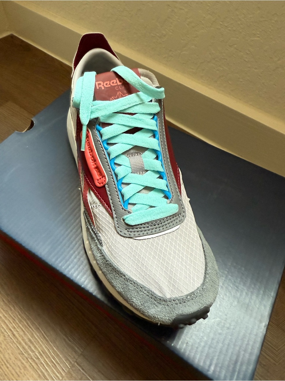 Reebok Retro Runner in Gray, Burgundy and Teal Laces
